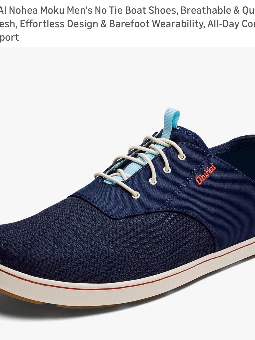 OluKai Men's No-Tie Boat Shoe in Navy with Turquoise Accents.